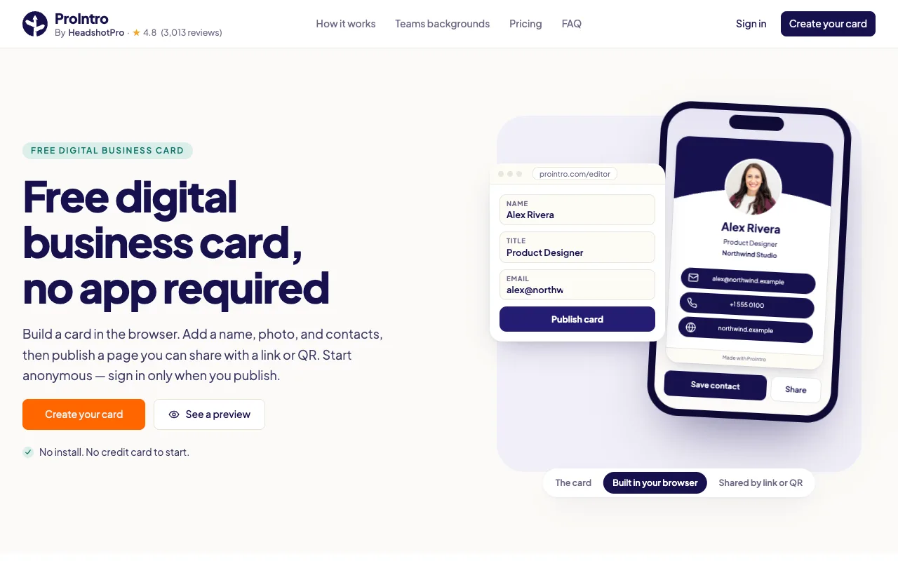 ProIntro homepage: build a free digital business card in the browser